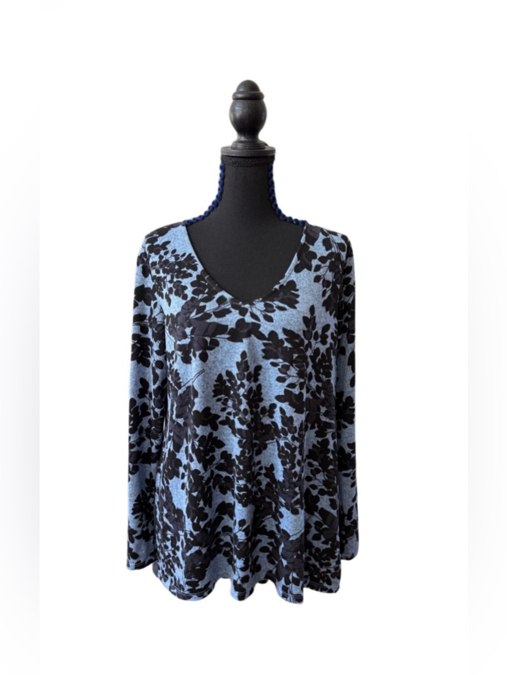 Studio Light Blue and Black Floral V-Neck Long Sleeve Top